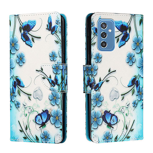 Leather Case Stands Fashionable Pattern Flip Cover Holder H01X for Samsung Galaxy M52 5G Blue