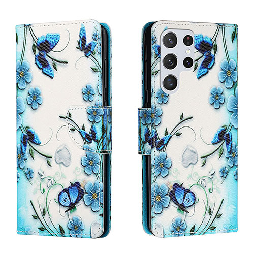 Leather Case Stands Fashionable Pattern Flip Cover Holder H01X for Samsung Galaxy S23 Ultra 5G Blue