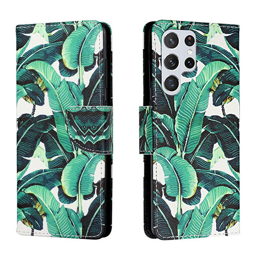 Leather Case Stands Fashionable Pattern Flip Cover Holder H01X for Samsung Galaxy S24 Ultra 5G Green