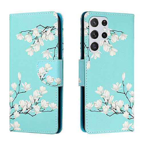 Leather Case Stands Fashionable Pattern Flip Cover Holder H02X for Samsung Galaxy S23 Ultra 5G Cyan