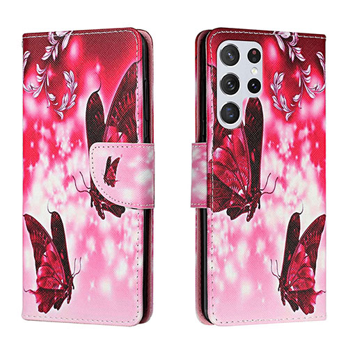 Leather Case Stands Fashionable Pattern Flip Cover Holder H02X for Samsung Galaxy S23 Ultra 5G Hot Pink