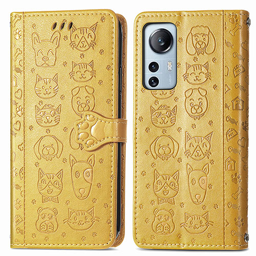 Leather Case Stands Fashionable Pattern Flip Cover Holder L01 for Xiaomi Mi 12X 5G Yellow