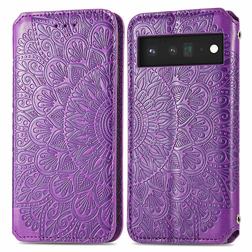 Leather Case Stands Fashionable Pattern Flip Cover Holder S01D for Google Pixel 6 5G Purple