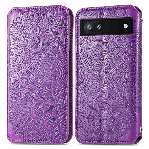 Leather Case Stands Fashionable Pattern Flip Cover Holder S01D for Google Pixel 6a 5G Purple