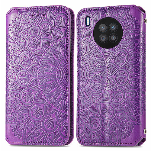 Leather Case Stands Fashionable Pattern Flip Cover Holder S01D for Huawei Honor 50 Lite Purple