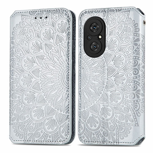 Leather Case Stands Fashionable Pattern Flip Cover Holder S01D for Huawei Honor 50 SE 5G Silver