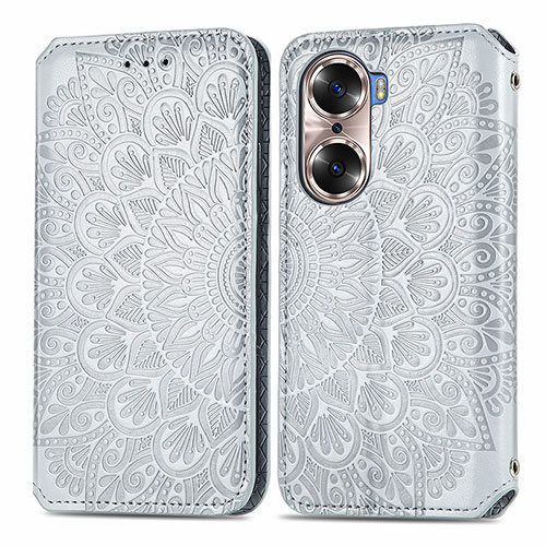 Leather Case Stands Fashionable Pattern Flip Cover Holder S01D for Huawei Honor 60 5G Silver