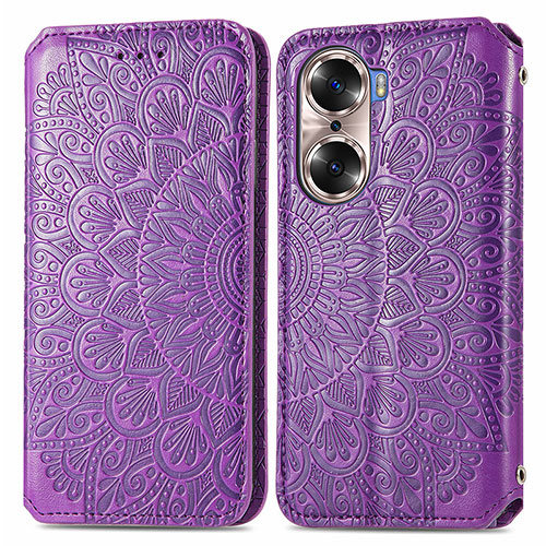 Leather Case Stands Fashionable Pattern Flip Cover Holder S01D for Huawei Honor 60 Pro 5G Purple