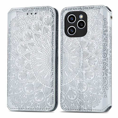 Leather Case Stands Fashionable Pattern Flip Cover Holder S01D for Huawei Honor 60 SE 5G Silver