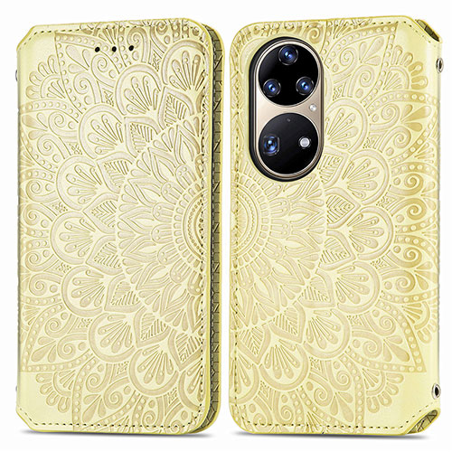 Leather Case Stands Fashionable Pattern Flip Cover Holder S01D for Huawei P50 Pro Gold