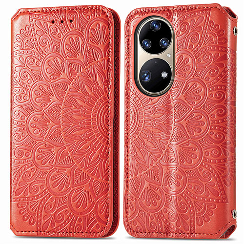 Leather Case Stands Fashionable Pattern Flip Cover Holder S01D for Huawei P50 Red