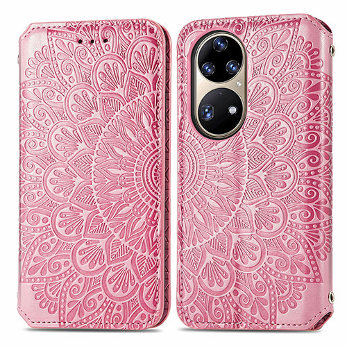 Leather Case Stands Fashionable Pattern Flip Cover Holder S01D for Huawei P50e Rose Gold