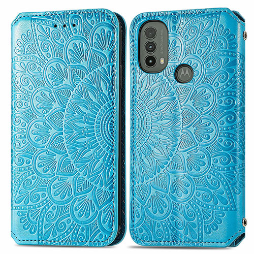 Leather Case Stands Fashionable Pattern Flip Cover Holder S01D for Motorola Moto E30 Blue