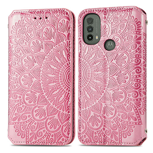 Leather Case Stands Fashionable Pattern Flip Cover Holder S01D for Motorola Moto E30 Rose Gold