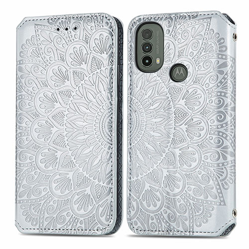 Leather Case Stands Fashionable Pattern Flip Cover Holder S01D for Motorola Moto E30 Silver