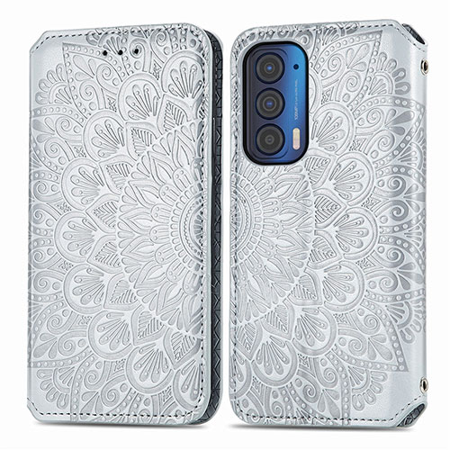 Leather Case Stands Fashionable Pattern Flip Cover Holder S01D for Motorola Moto Edge (2021) 5G Silver