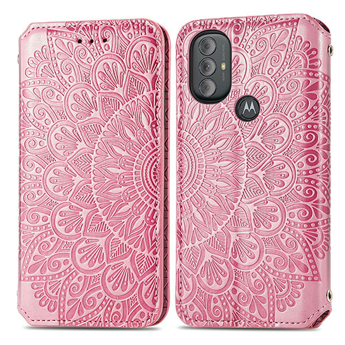 Leather Case Stands Fashionable Pattern Flip Cover Holder S01D for Motorola Moto G Play (2023) Rose Gold