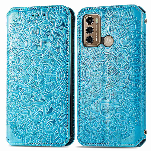 Leather Case Stands Fashionable Pattern Flip Cover Holder S01D for Motorola Moto G60 Blue