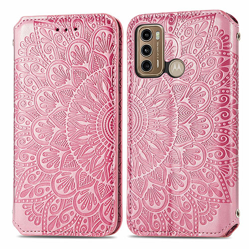 Leather Case Stands Fashionable Pattern Flip Cover Holder S01D for Motorola Moto G60 Rose Gold