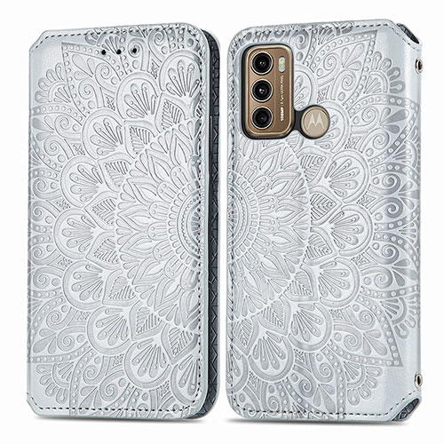 Leather Case Stands Fashionable Pattern Flip Cover Holder S01D for Motorola Moto G60 Silver