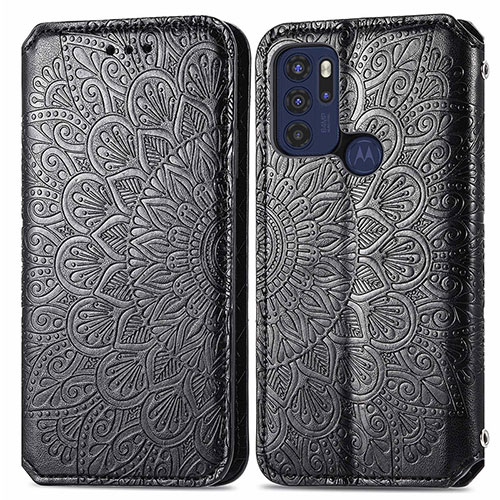 Leather Case Stands Fashionable Pattern Flip Cover Holder S01D for Motorola Moto G60s Black