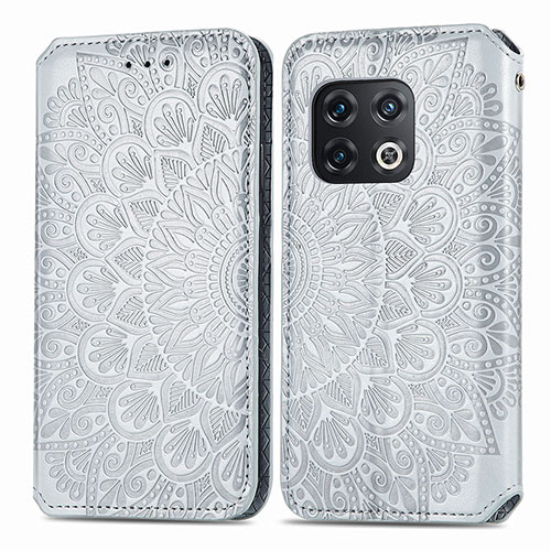 Leather Case Stands Fashionable Pattern Flip Cover Holder S01D for OnePlus 10 Pro 5G Silver