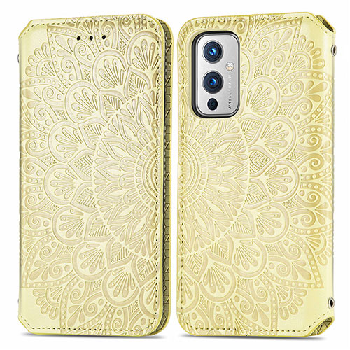 Leather Case Stands Fashionable Pattern Flip Cover Holder S01D for OnePlus 9 5G Gold