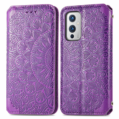 Leather Case Stands Fashionable Pattern Flip Cover Holder S01D for OnePlus 9 5G Purple