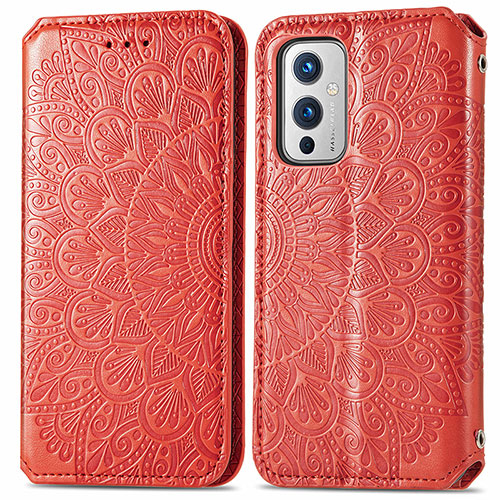 Leather Case Stands Fashionable Pattern Flip Cover Holder S01D for OnePlus 9 5G Red