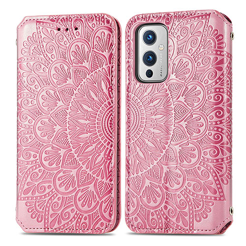 Leather Case Stands Fashionable Pattern Flip Cover Holder S01D for OnePlus 9 5G Rose Gold