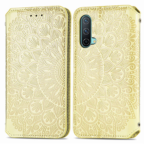 Leather Case Stands Fashionable Pattern Flip Cover Holder S01D for OnePlus Nord CE 5G Gold