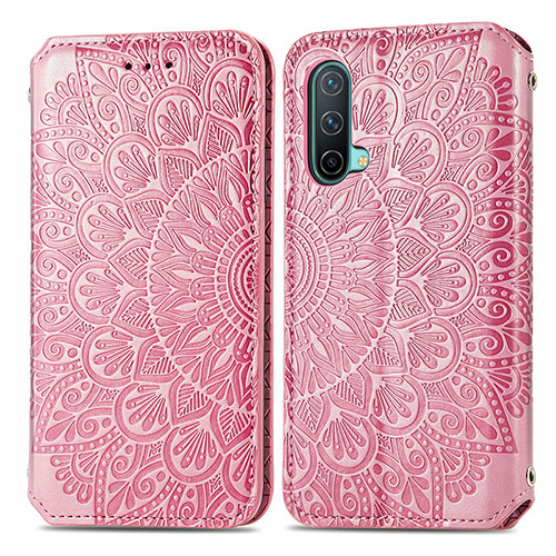 Leather Case Stands Fashionable Pattern Flip Cover Holder S01D for OnePlus Nord CE 5G Rose Gold