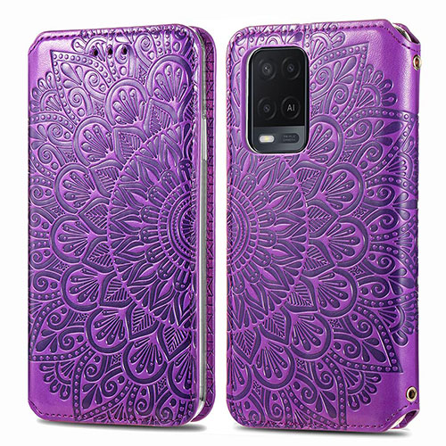 Leather Case Stands Fashionable Pattern Flip Cover Holder S01D for Oppo A54 4G Purple