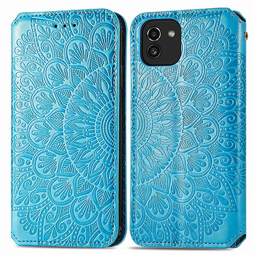 Leather Case Stands Fashionable Pattern Flip Cover Holder S01D for Samsung Galaxy A03 Blue