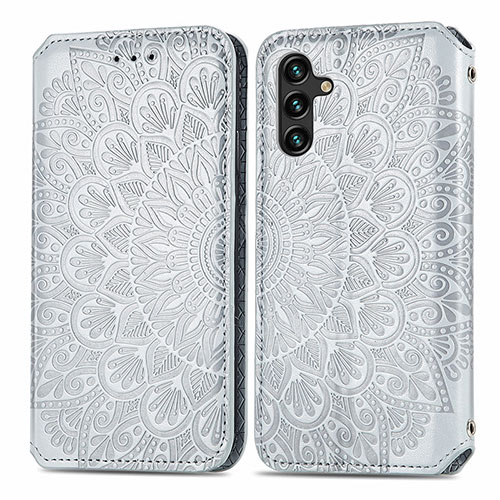 Leather Case Stands Fashionable Pattern Flip Cover Holder S01D for Samsung Galaxy A04s Silver