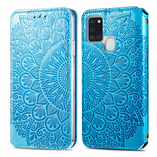 Leather Case Stands Fashionable Pattern Flip Cover Holder S01D for Samsung Galaxy A21s Blue