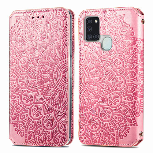 Leather Case Stands Fashionable Pattern Flip Cover Holder S01D for Samsung Galaxy A21s Rose Gold