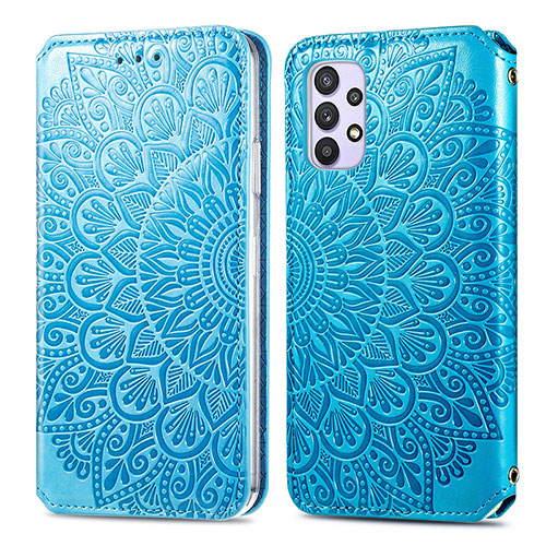 Leather Case Stands Fashionable Pattern Flip Cover Holder S01D for Samsung Galaxy A32 4G Blue