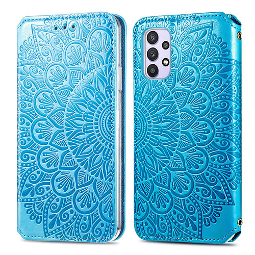 Leather Case Stands Fashionable Pattern Flip Cover Holder S01D for Samsung Galaxy A32 5G Blue