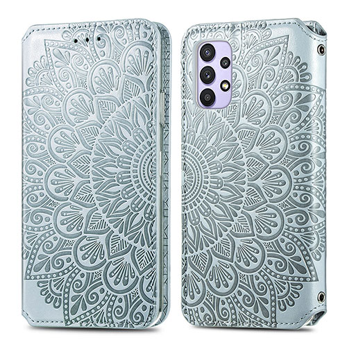 Leather Case Stands Fashionable Pattern Flip Cover Holder S01D for Samsung Galaxy A32 5G Silver