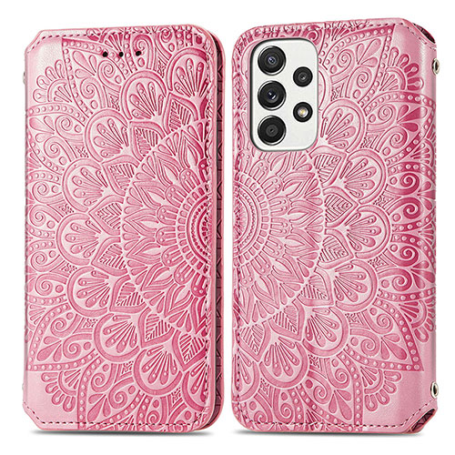 Leather Case Stands Fashionable Pattern Flip Cover Holder S01D for Samsung Galaxy A33 5G Rose Gold