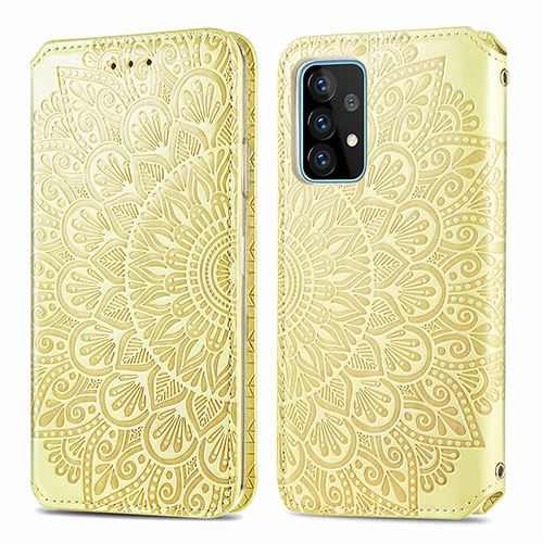 Leather Case Stands Fashionable Pattern Flip Cover Holder S01D for Samsung Galaxy A52 5G Gold