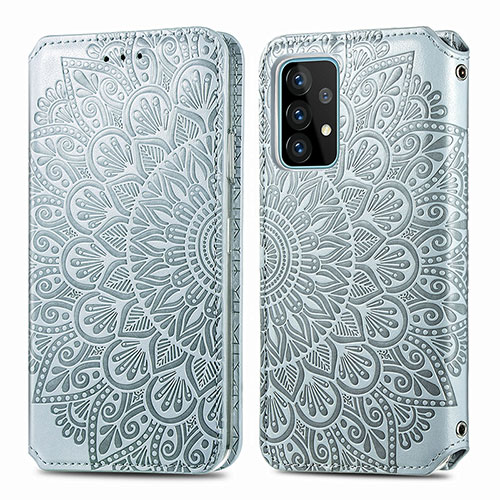 Leather Case Stands Fashionable Pattern Flip Cover Holder S01D for Samsung Galaxy A52 5G Silver