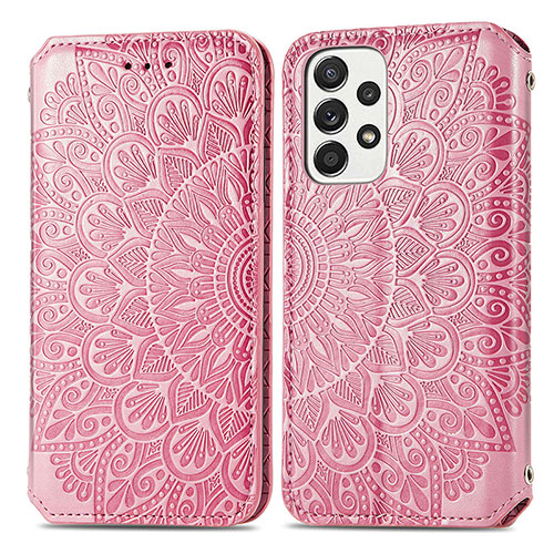 Leather Case Stands Fashionable Pattern Flip Cover Holder S01D for Samsung Galaxy A53 5G Rose Gold