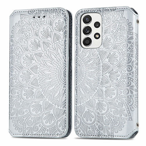 Leather Case Stands Fashionable Pattern Flip Cover Holder S01D for Samsung Galaxy A53 5G Silver