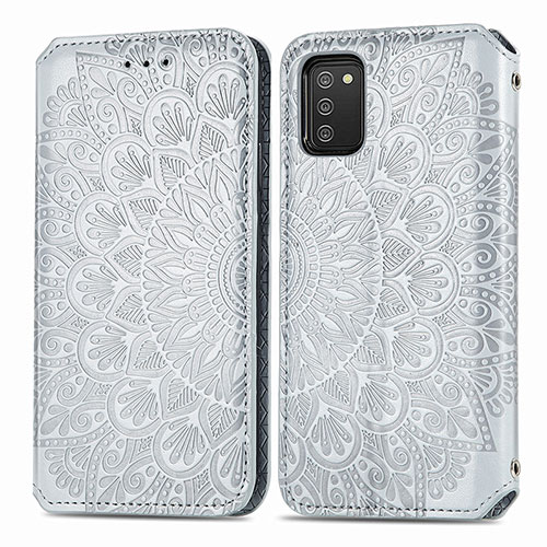 Leather Case Stands Fashionable Pattern Flip Cover Holder S01D for Samsung Galaxy M02s Silver