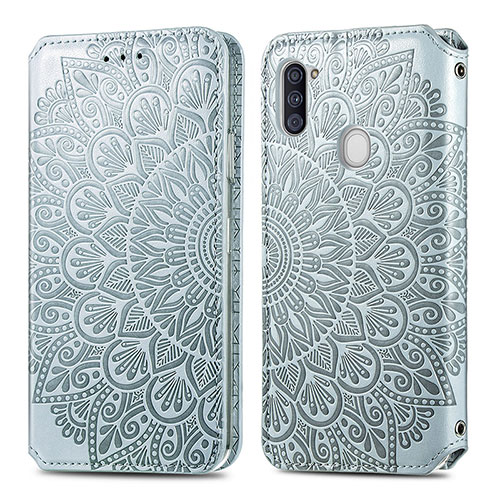 Leather Case Stands Fashionable Pattern Flip Cover Holder S01D for Samsung Galaxy M11 Silver