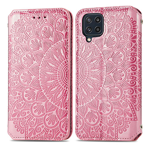 Leather Case Stands Fashionable Pattern Flip Cover Holder S01D for Samsung Galaxy M32 4G Rose Gold