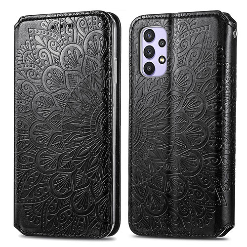 Leather Case Stands Fashionable Pattern Flip Cover Holder S01D for Samsung Galaxy M32 5G Black