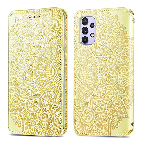 Leather Case Stands Fashionable Pattern Flip Cover Holder S01D for Samsung Galaxy M32 5G Gold